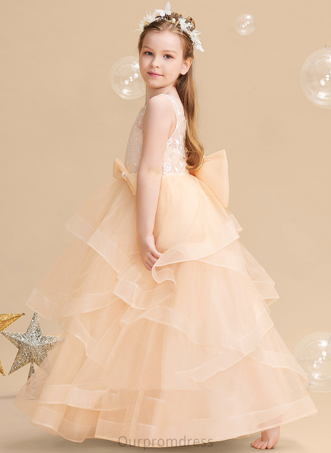 Dress Flower Suzanne Girl Back Sleeveless Flower Girl Dresses - Ball-Gown/Princess Scalloped Neck With Lace/Flower(s)/Bow(s)/V Tulle Floor-length