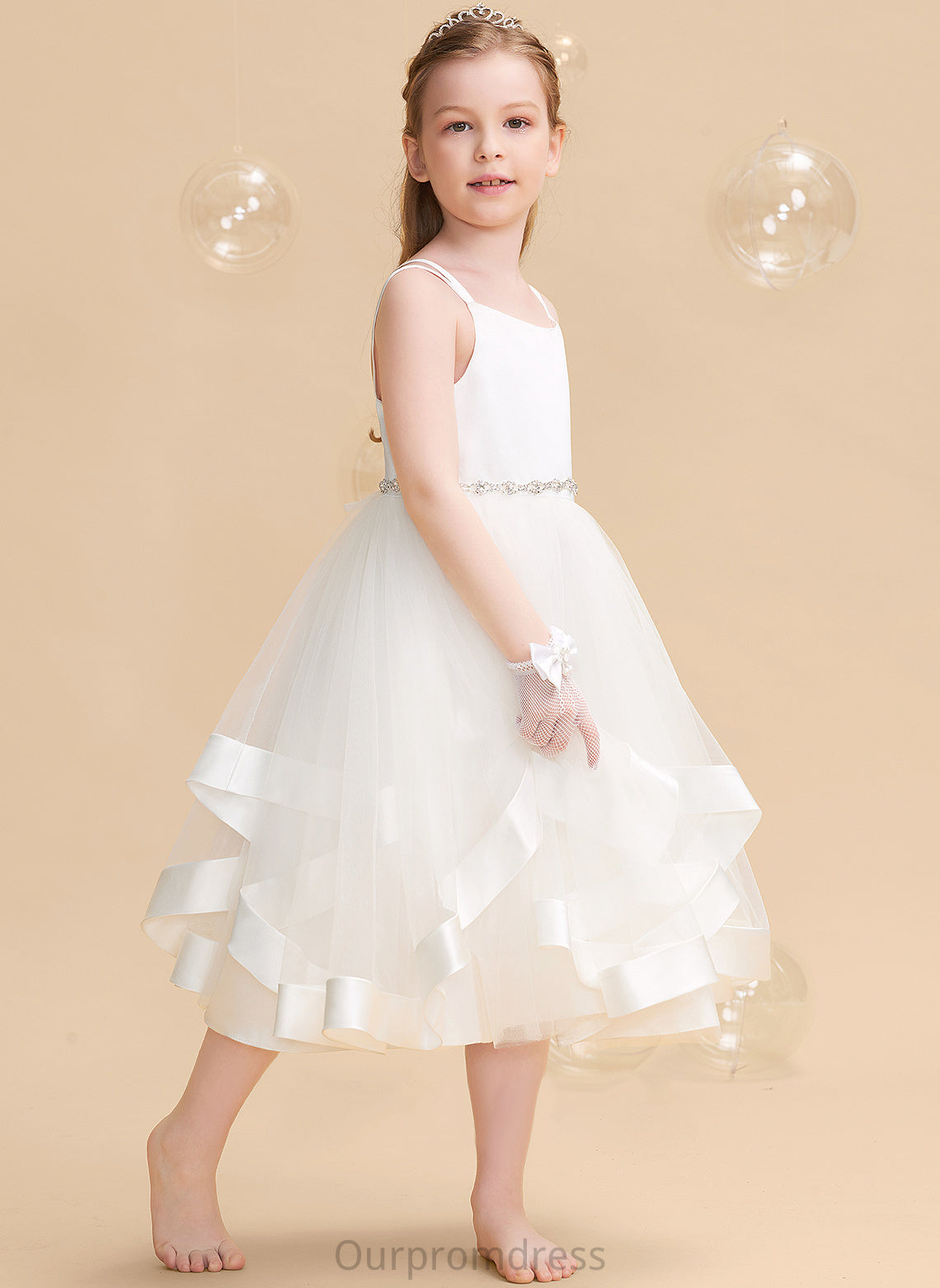 Allison Flower Girl Dresses Satin/Tulle - Dress A-Line Sleeveless Tea-length Straps With Girl Beading Flower