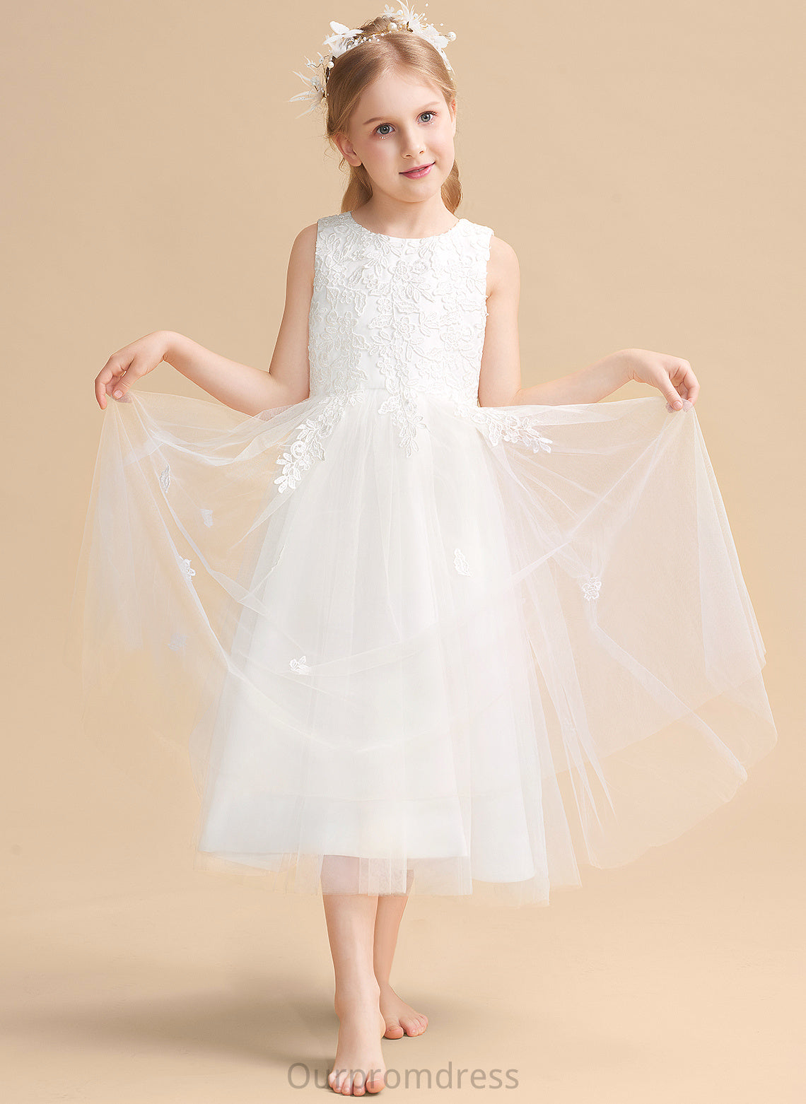 Satin/Tulle Dress - A-Line Clare Tea-length Bow(s) Girl Flower Girl Dresses Flower Neck Scoop Sleeveless With