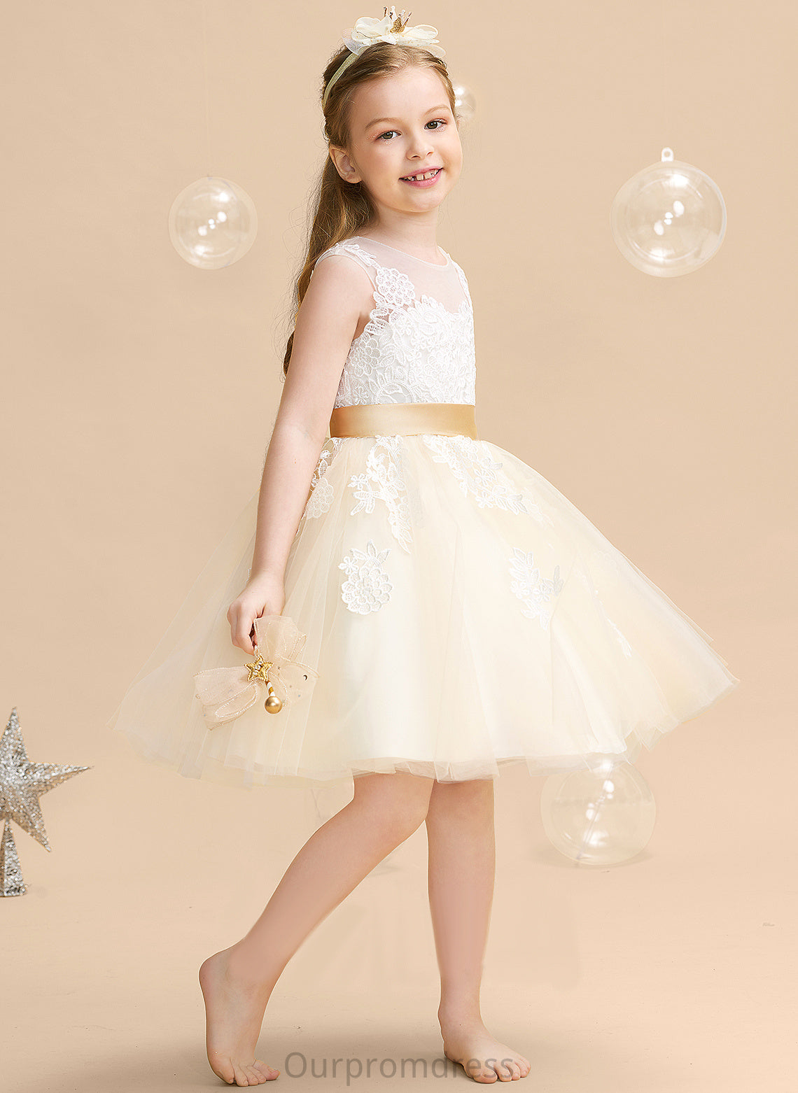 Flower Girl Dresses Charlee Knee-length Scoop Girl Satin/Tulle/Lace Sleeveless A-Line Appliques/V - Neck With Dress Back Flower