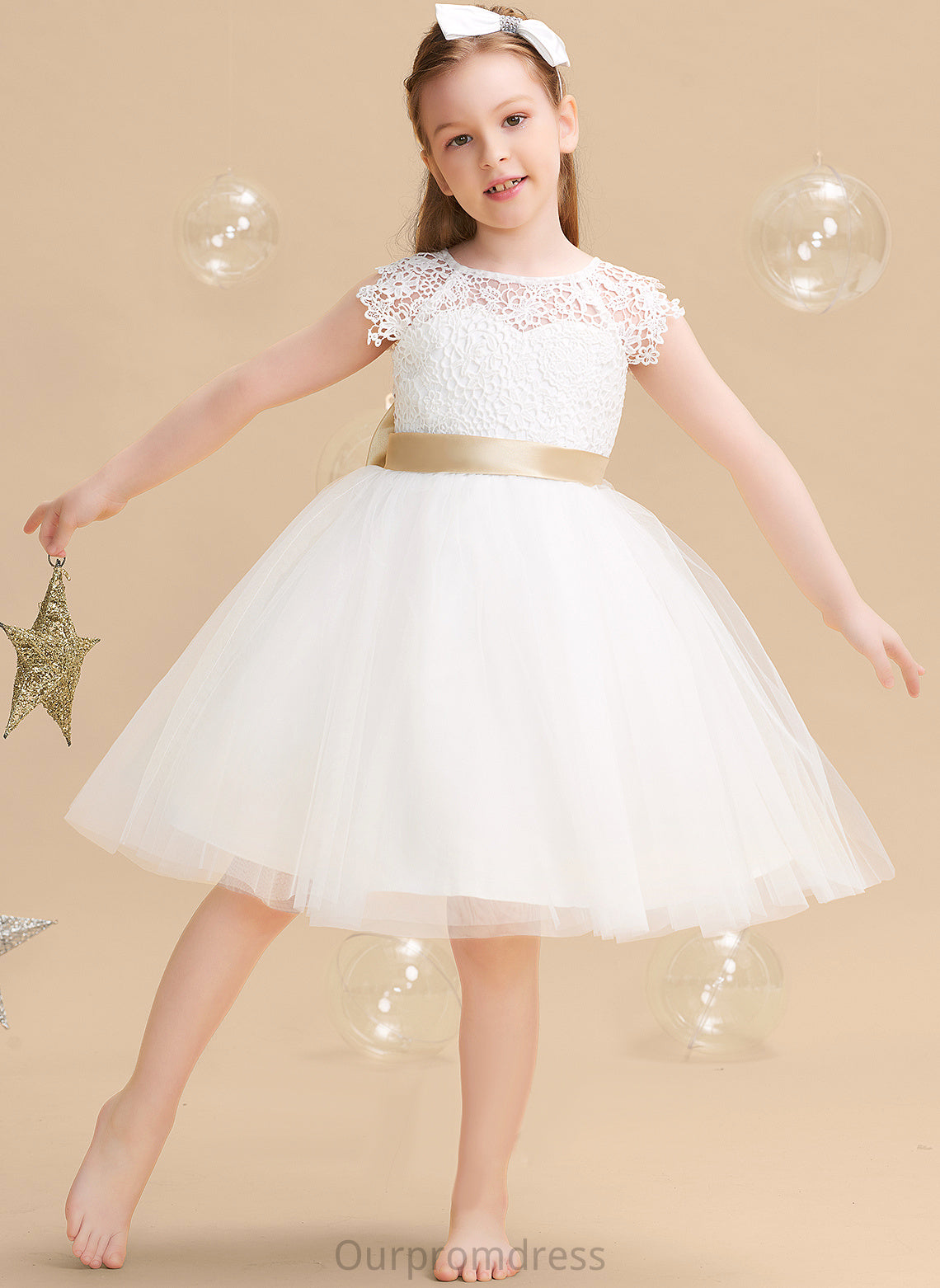 With Flower Girl Dresses Neck Sleeves Silvia Dress - Tulle/Lace Flower Knee-length Short A-Line sash) (Undetachable Scoop Sash/Bow(s) Girl