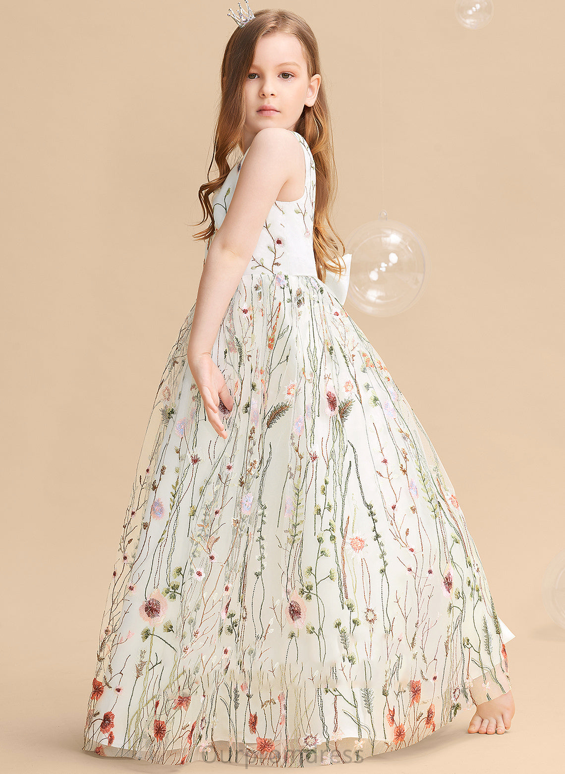 A-Line - Flower V-neck Sleeveless Flower(s)/Bow(s) Dress Flower Girl Dresses Payten Girl Floor-length Jacquard With