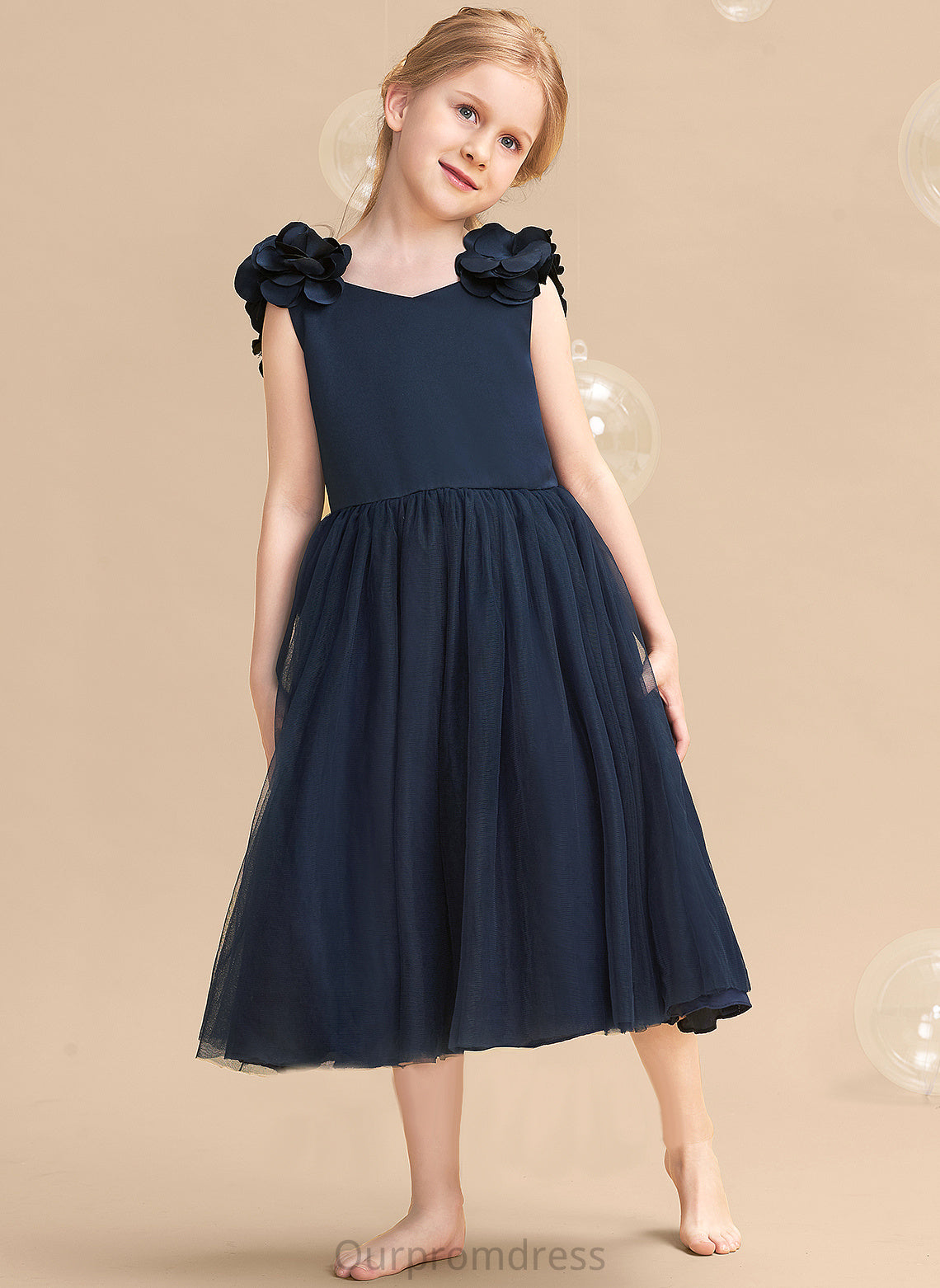 A-Line V-neck Flower(s)/Bow(s) Flower Girl Dresses Girl With Tea-length Satin/Tulle Dress Gillian Sleeveless - Flower