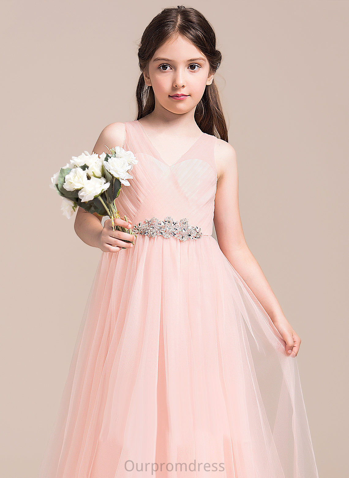 Sleeveless Flower Girl Dresses Tulle - V-neck Floor-length Ruffles/Beading/Sequins With Kendal Girl A-Line Flower Dress