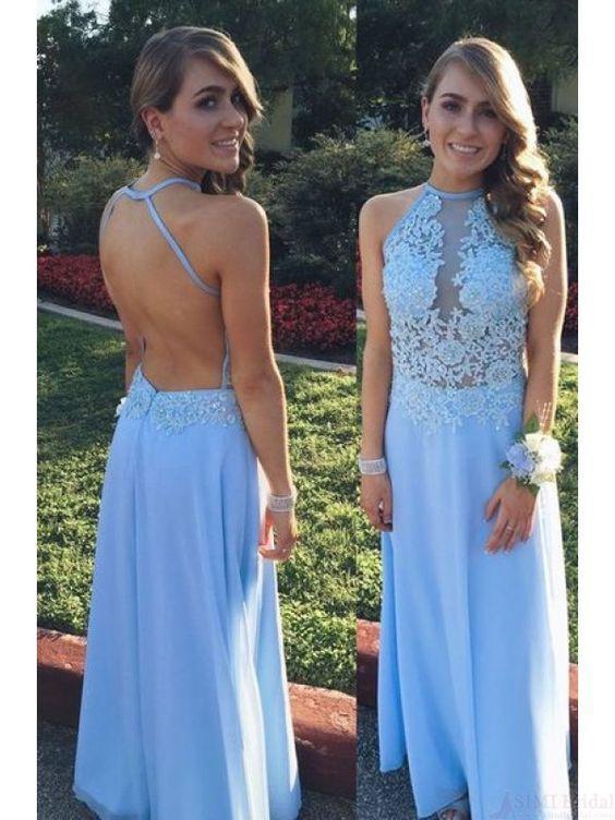 A Line Lace Bodice Backless Long Chiffon Prom Dresses