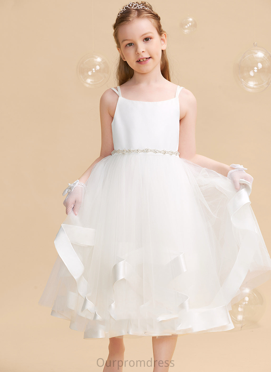 Allison Flower Girl Dresses Satin/Tulle - Dress A-Line Sleeveless Tea-length Straps With Girl Beading Flower