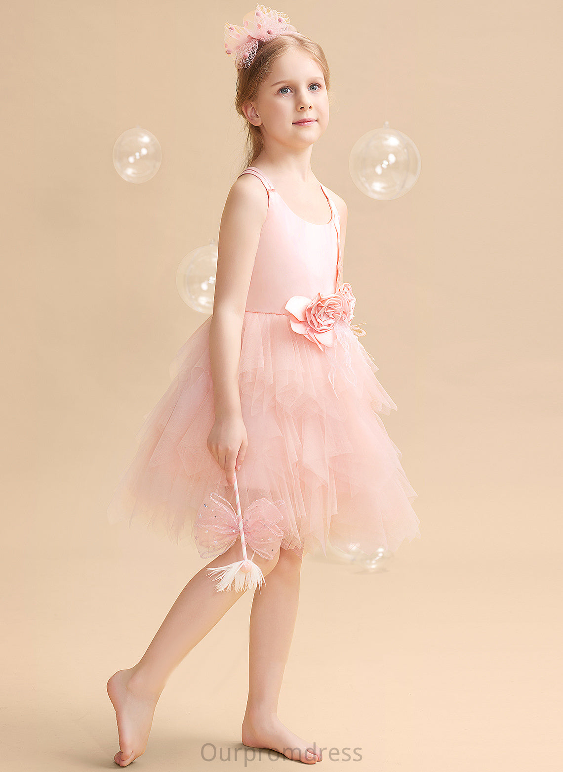 Flower Girl Dresses Scalloped Neck Ball-Gown/Princess - Girl Dress With Clara Tulle Knee-length Feather/Flower(s) Sleeveless Flower