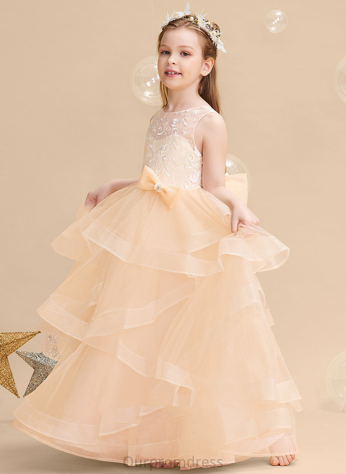 Dress Flower Suzanne Girl Back Sleeveless Flower Girl Dresses - Ball-Gown/Princess Scalloped Neck With Lace/Flower(s)/Bow(s)/V Tulle Floor-length