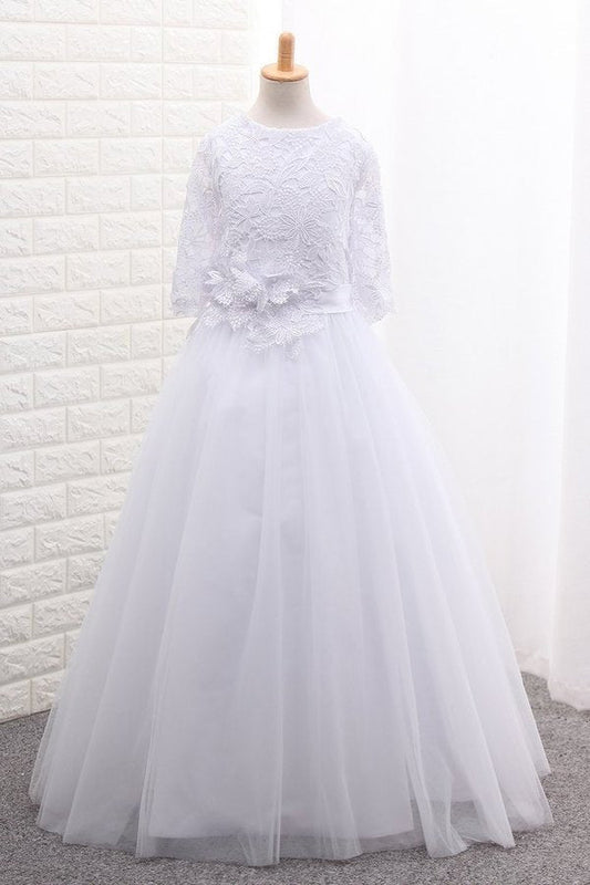 2024 Mid-Length Sleeves Scoop Ball Gown Flower Girl Dresses Tulle PQ15XLTJ