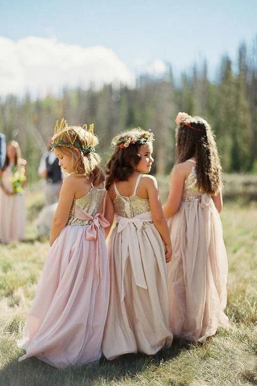 A line Blush Pink Flower Girl Dresses with Sash Gold Top Dresses for Kids STG15545