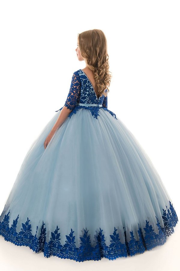 2024 Scoop Ball Gown Mid-Length Sleeves Tulle With Applique P8SDKQT9