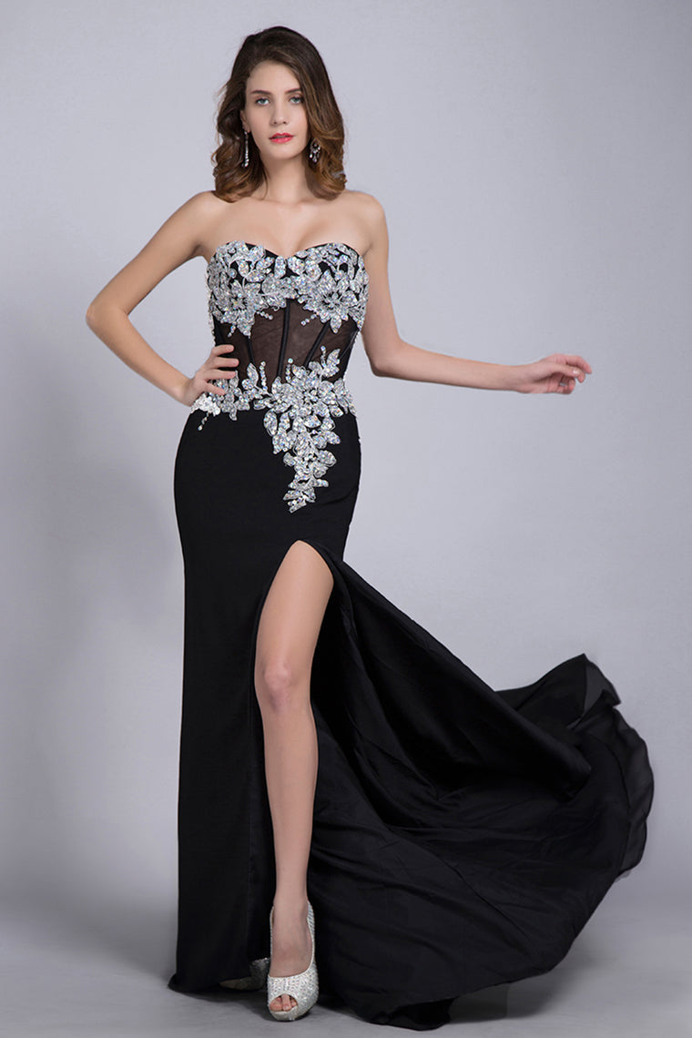 2024 Prom Dresses Mermaid/Trumpet Black Sweetheart Chiffon With Rhinestone