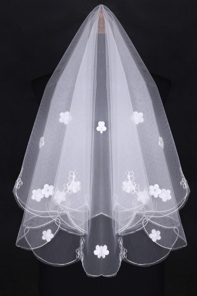 Two-Tier Finger-Tip Bridal Veils With Pencil Edge And Handmade Flower