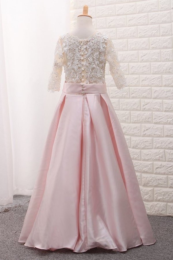 2024 Scoop Mid-Length Sleeve Satin A Line Flower Girl Dresses PQA2E8S8