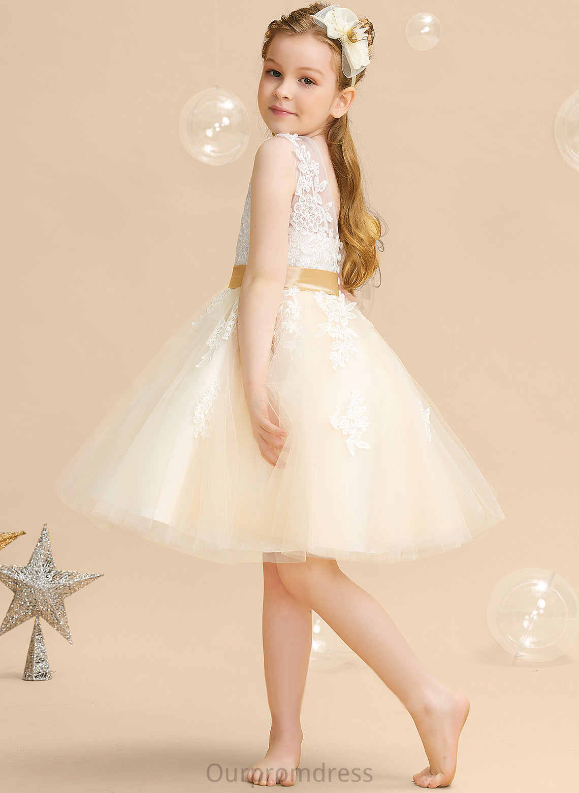 Flower Girl Dresses Charlee Knee-length Scoop Girl Satin/Tulle/Lace Sleeveless A-Line Appliques/V - Neck With Dress Back Flower