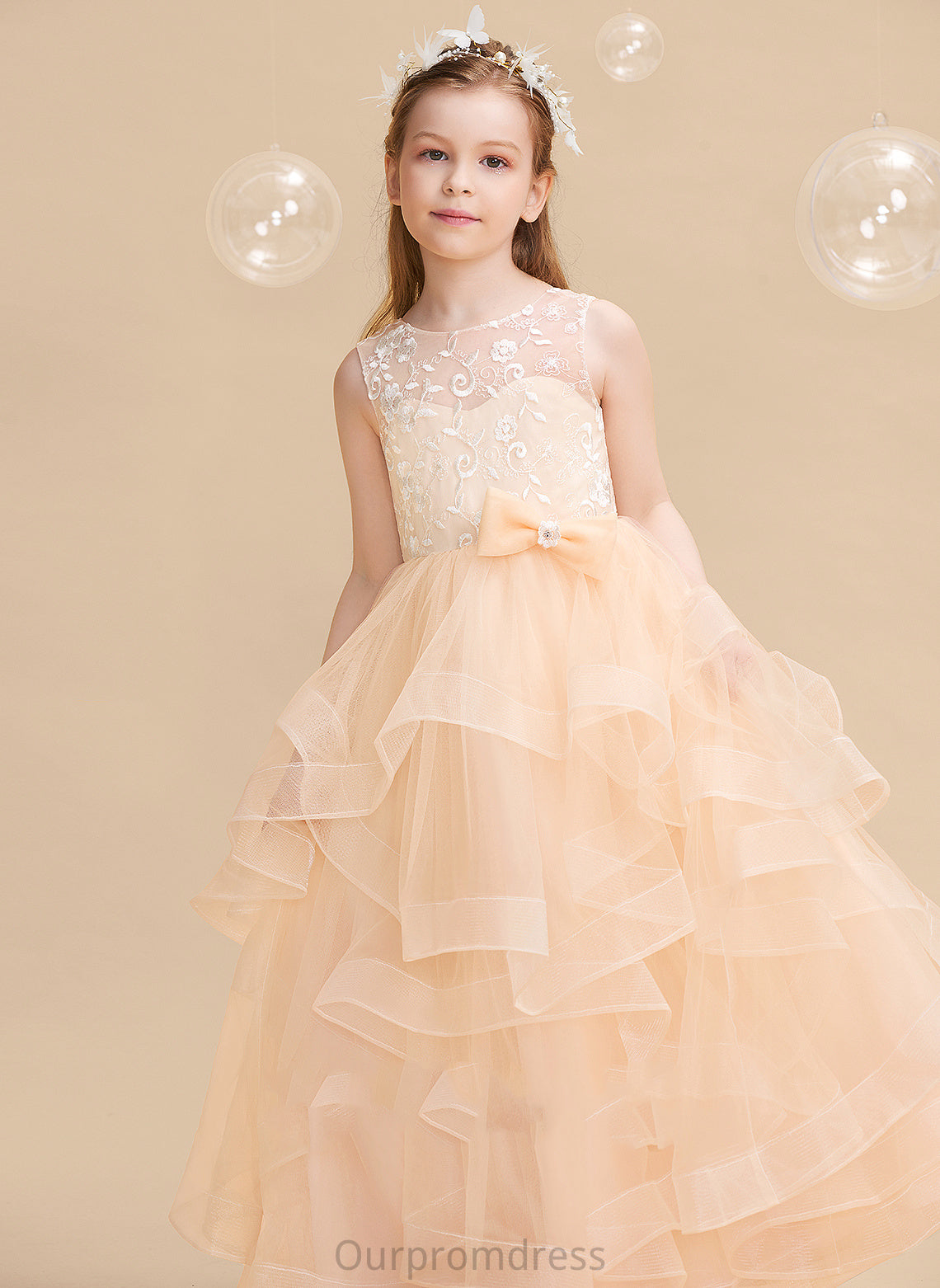 Dress Flower Suzanne Girl Back Sleeveless Flower Girl Dresses - Ball-Gown/Princess Scalloped Neck With Lace/Flower(s)/Bow(s)/V Tulle Floor-length