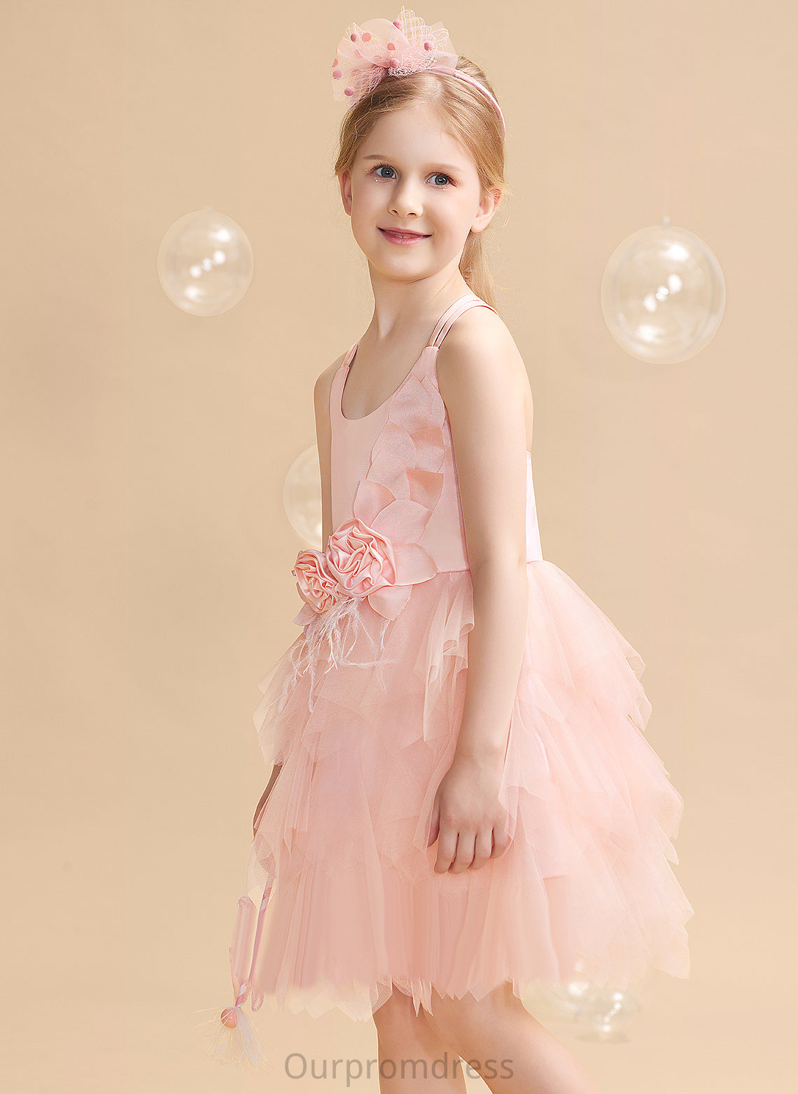 Flower Girl Dresses Scalloped Neck Ball-Gown/Princess - Girl Dress With Clara Tulle Knee-length Feather/Flower(s) Sleeveless Flower