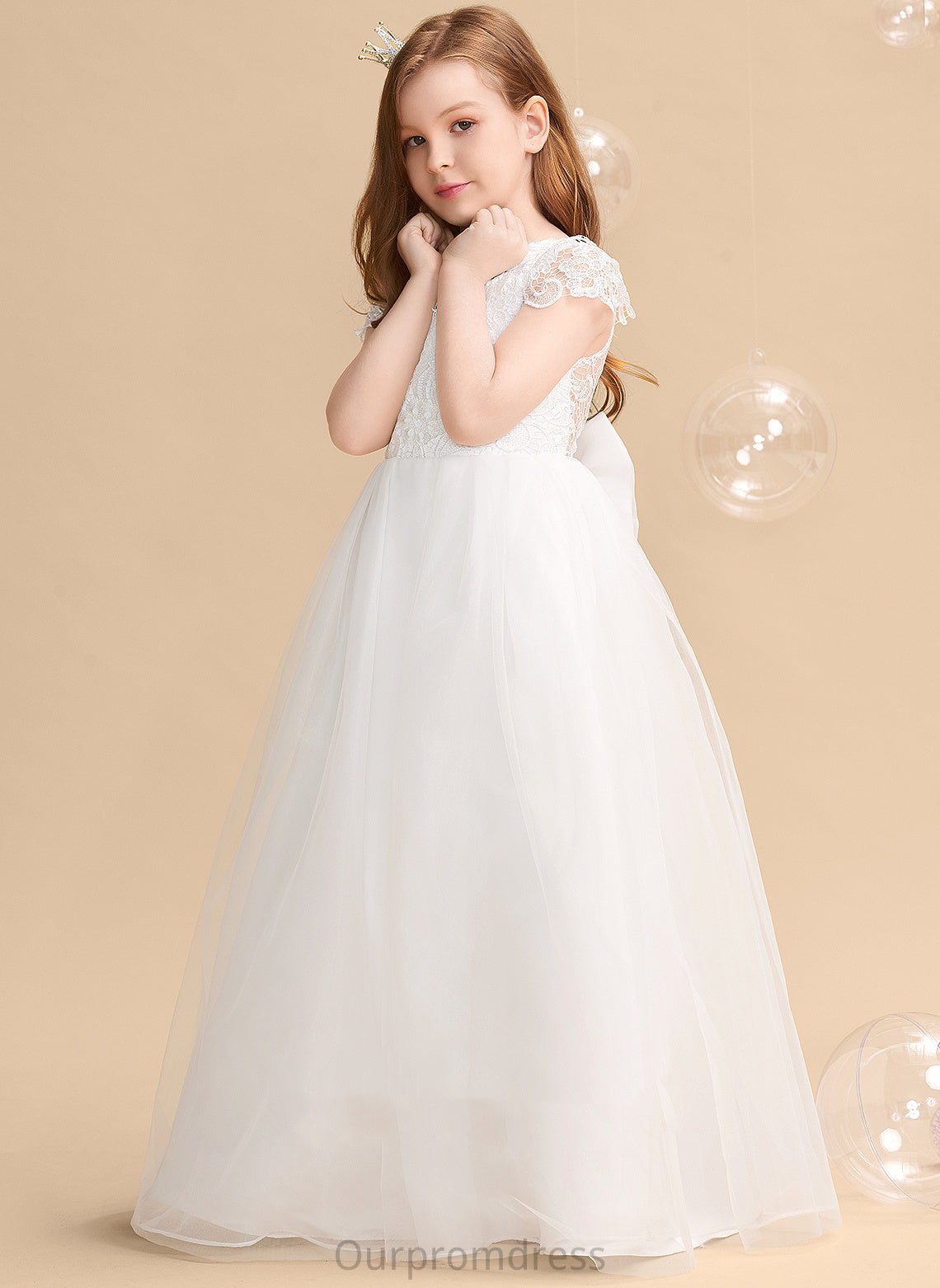 Flower Girl Dresses Short Dress Flower Bow(s) Neck Sleeves - Floor-length Scoop Cailyn With Ball-Gown/Princess Tulle/Lace Girl