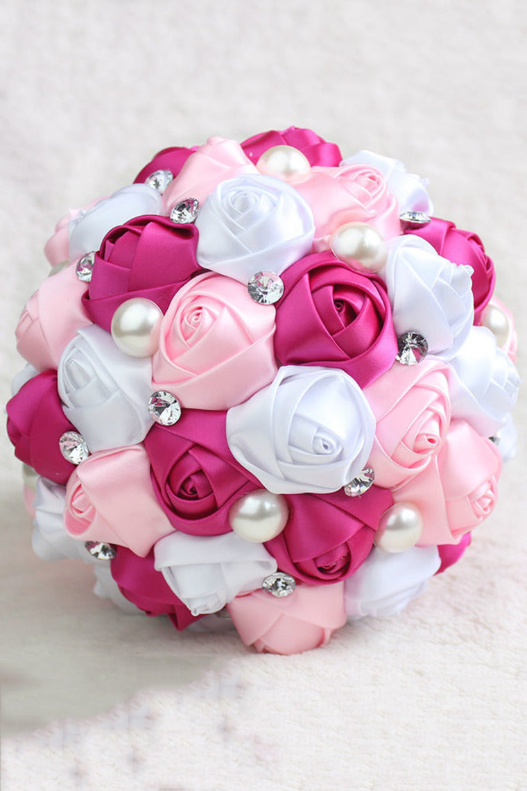 Satin Rose Flower Wedding Bouquet Round Shape With Rhinestone (28.5*15cm)