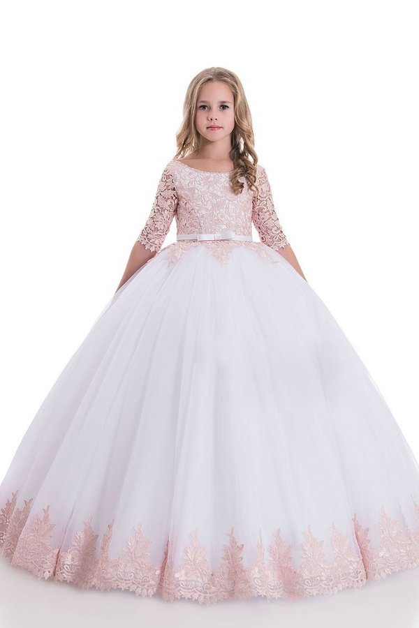 2024 Scoop Ball Gown Mid-Length Sleeves Tulle With Applique P8SDKQT9