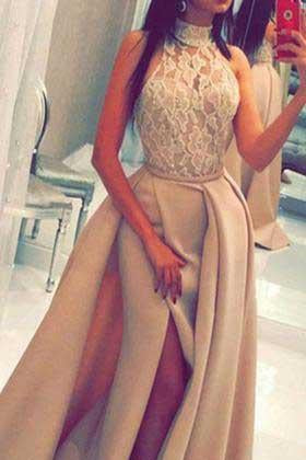 A line Lace Slit High Neck Sleeveless Floor-Length Long Prom Dresses