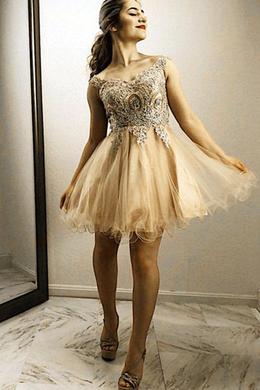 A Line Gold Lace Embroidery Organza Ruffles Off Shoulder Beads Homecoming Dresses