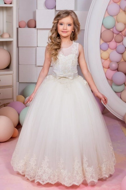 2024 Ball Gown Flower Girl Dresses Scoop Tulle With Applique PB6L6PSK