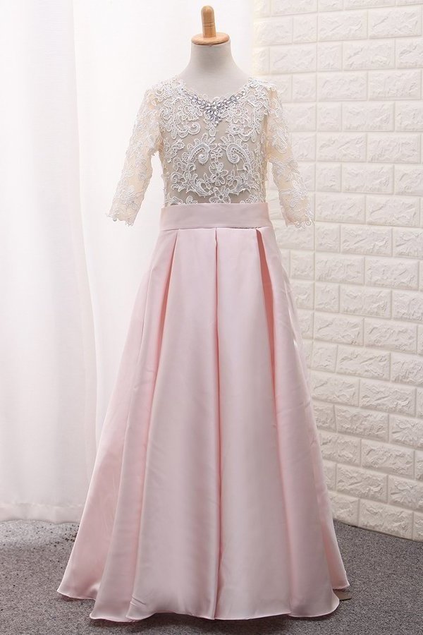 2024 Scoop Mid-Length Sleeve Satin A Line Flower Girl Dresses PQA2E8S8