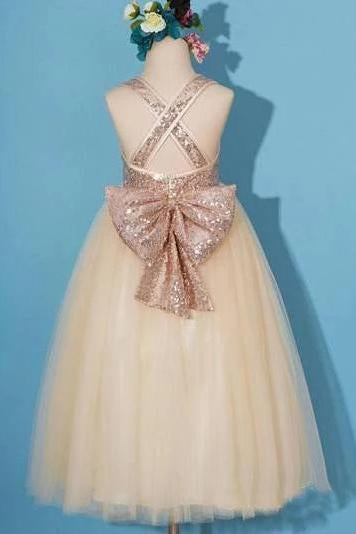 Princess Gold Sequin Shiny Round Neck Flower Girl Dresses with Bowknot, Baby Dresses STG15589