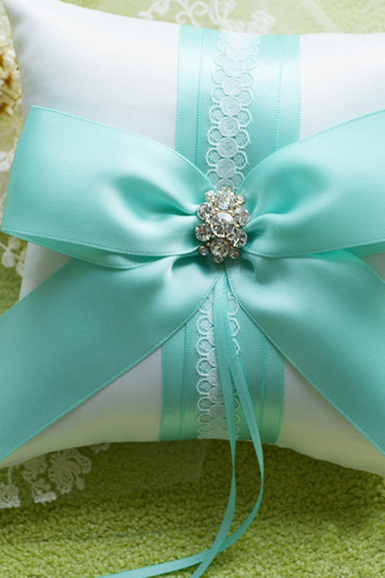 Delicate Ring Pillow In Satin With Ribbons And Rhinestone