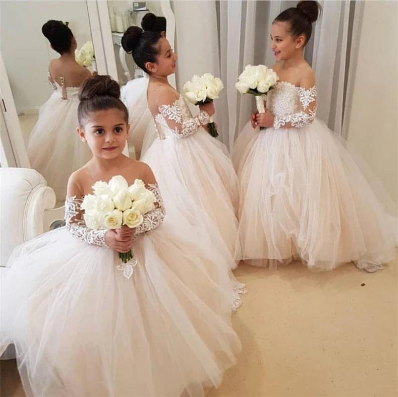 Ball Gown Long Sleeve Tulle Appliques Flower Girl Dresses with Bowknot, Baby Dresses STG15560