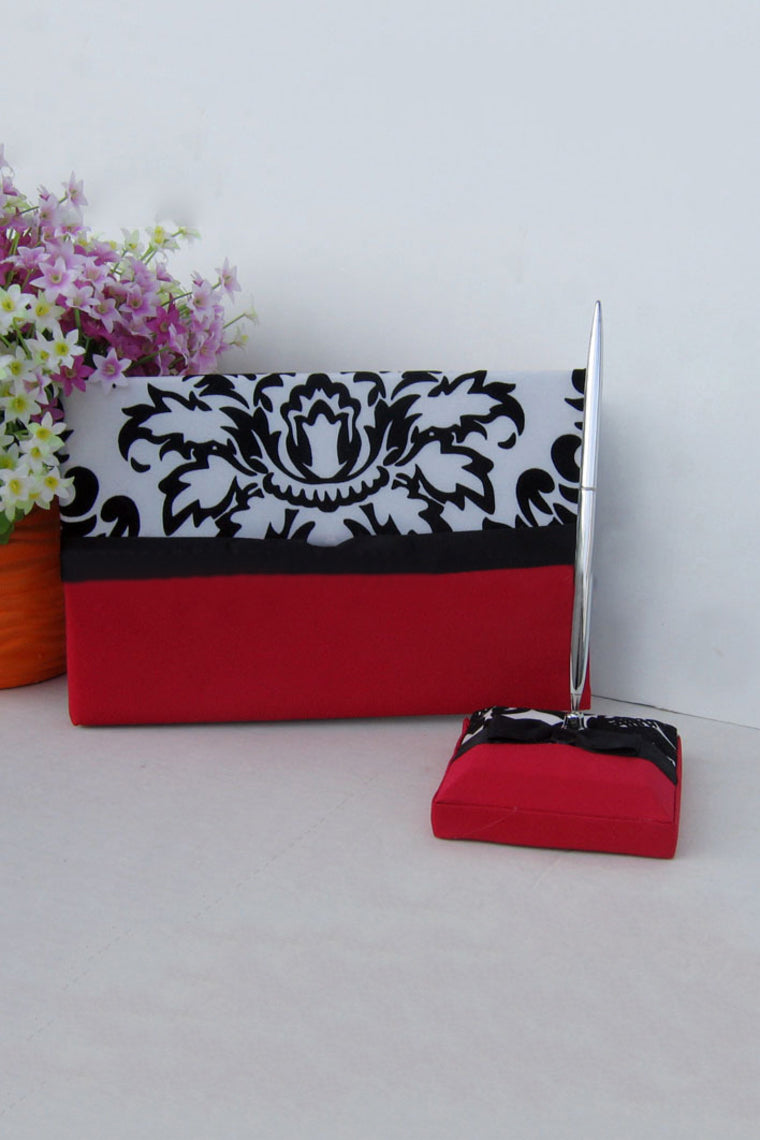 Classic Black & White Bow/Flower Guestbook & Pen Set