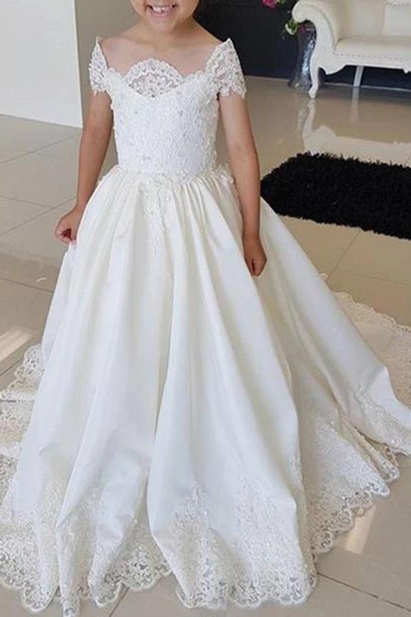 Lovely Cap Sleeves Appliques Ball Gown Little Flower Girl Dress, Off the Shoulder Baby Dress STG15257