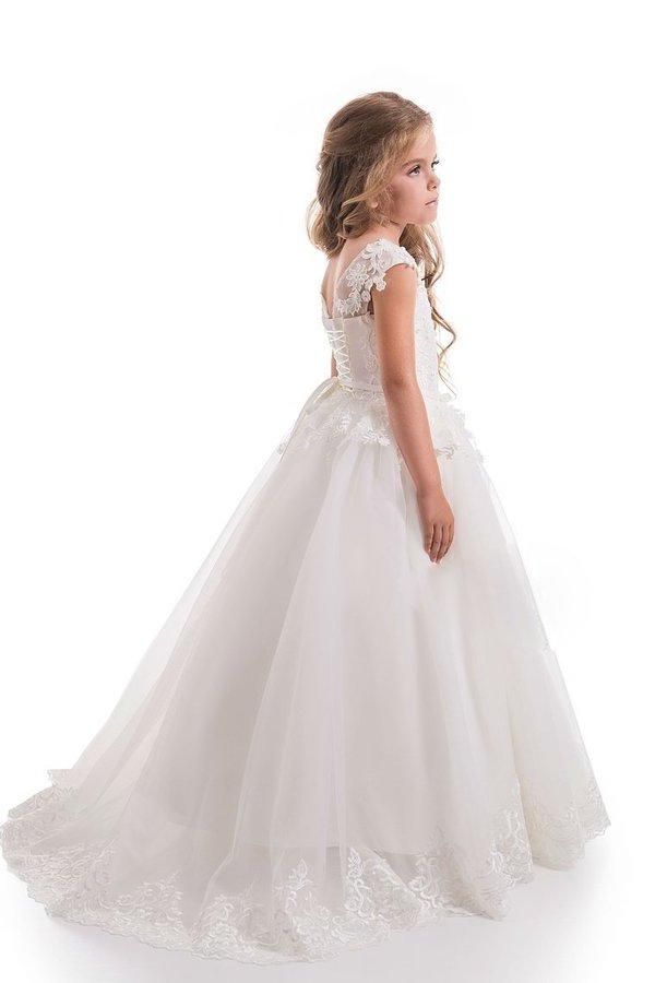 2024 Scoop A Line Tulle With Applique And Sash Sweep Train P17QMQQ1