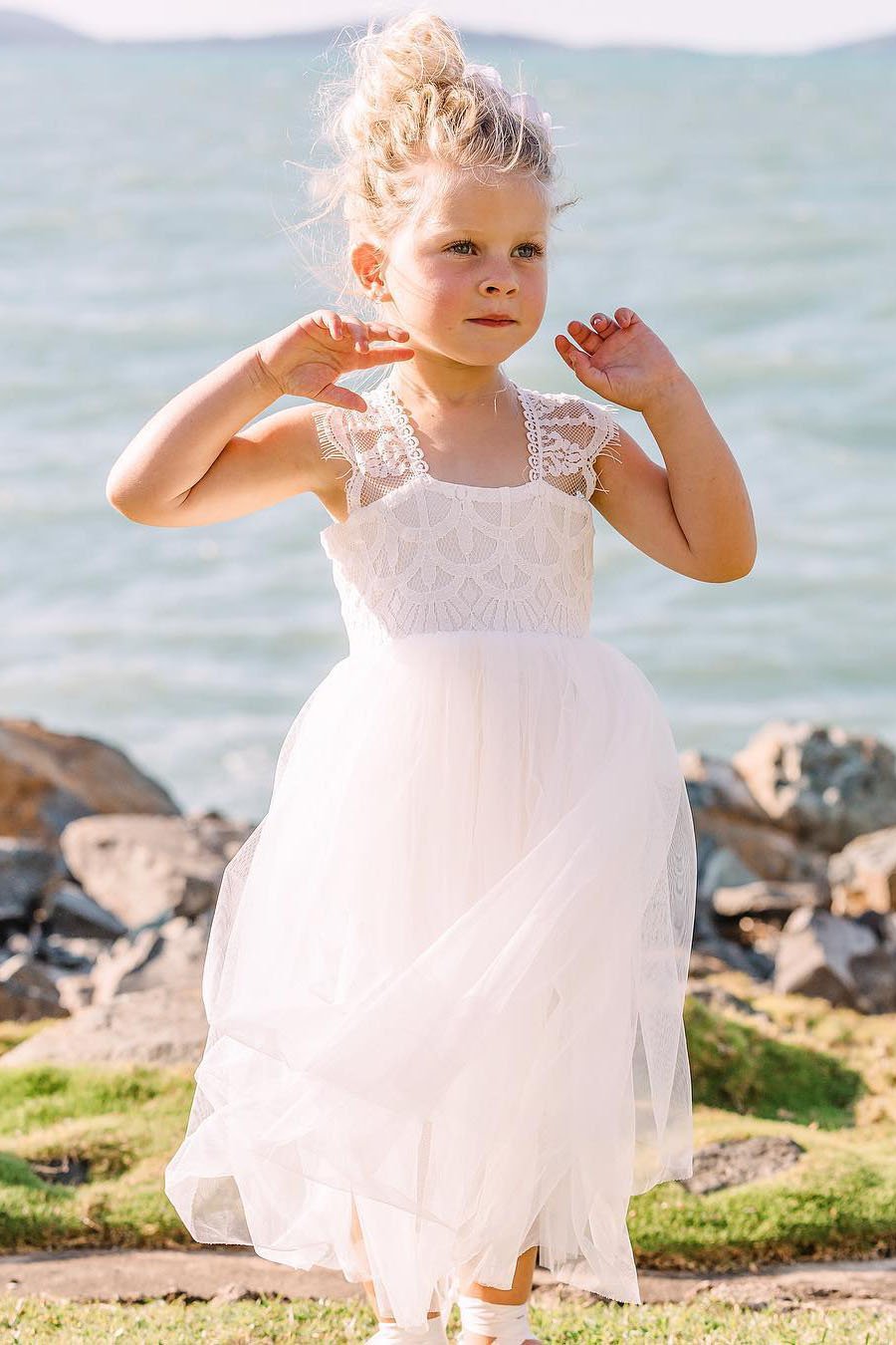 Cap Sleeves Lace Top Tulle Skirt Flower Girl Dresses, Beach Cute Little Girl Dresses STG15567