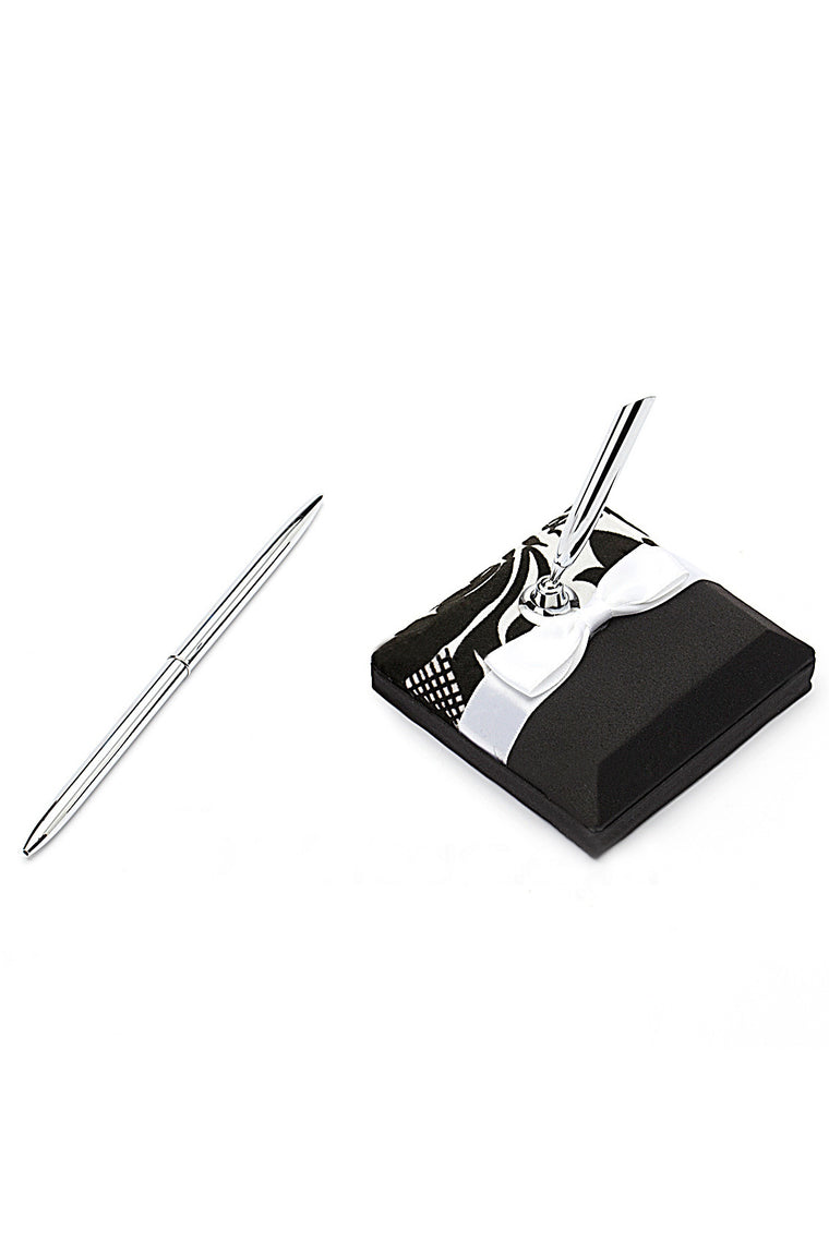 Classic Black & White Bow/Flower Guestbook & Pen Set