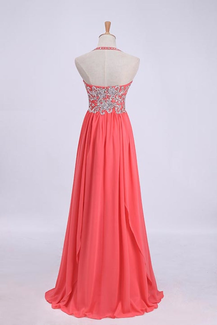 Hot Selling Prom Dresses Halter A-Line Floor Length Chiffon Color Watermelon Only Cheap