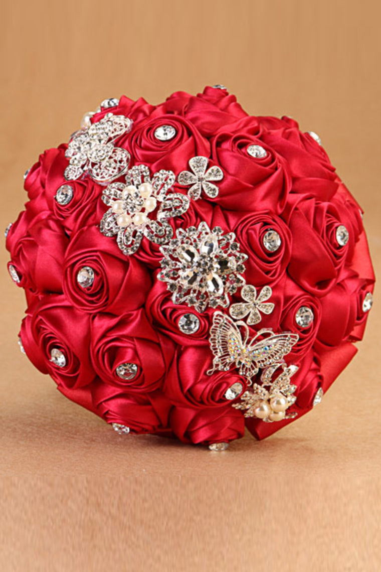 Wedding Bride Holding Flower Rhinestone Crystal Pearl Fabric Flower Bouquet (26*22cm)