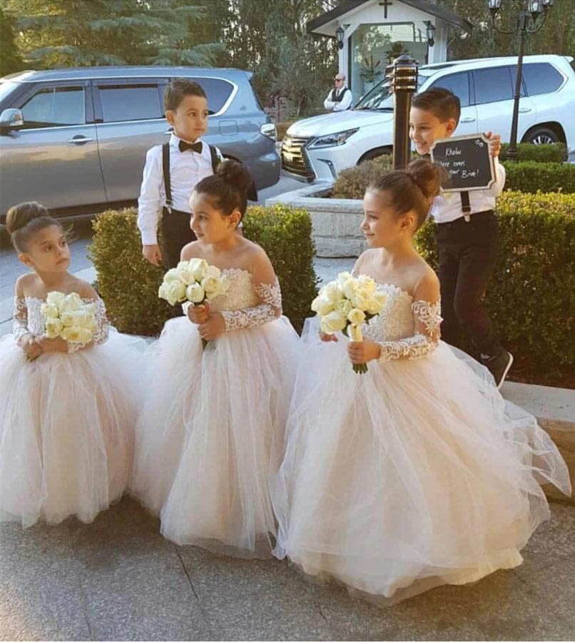 Ball Gown Long Sleeve Tulle Appliques Flower Girl Dresses with Bowknot, Baby Dresses STG15560