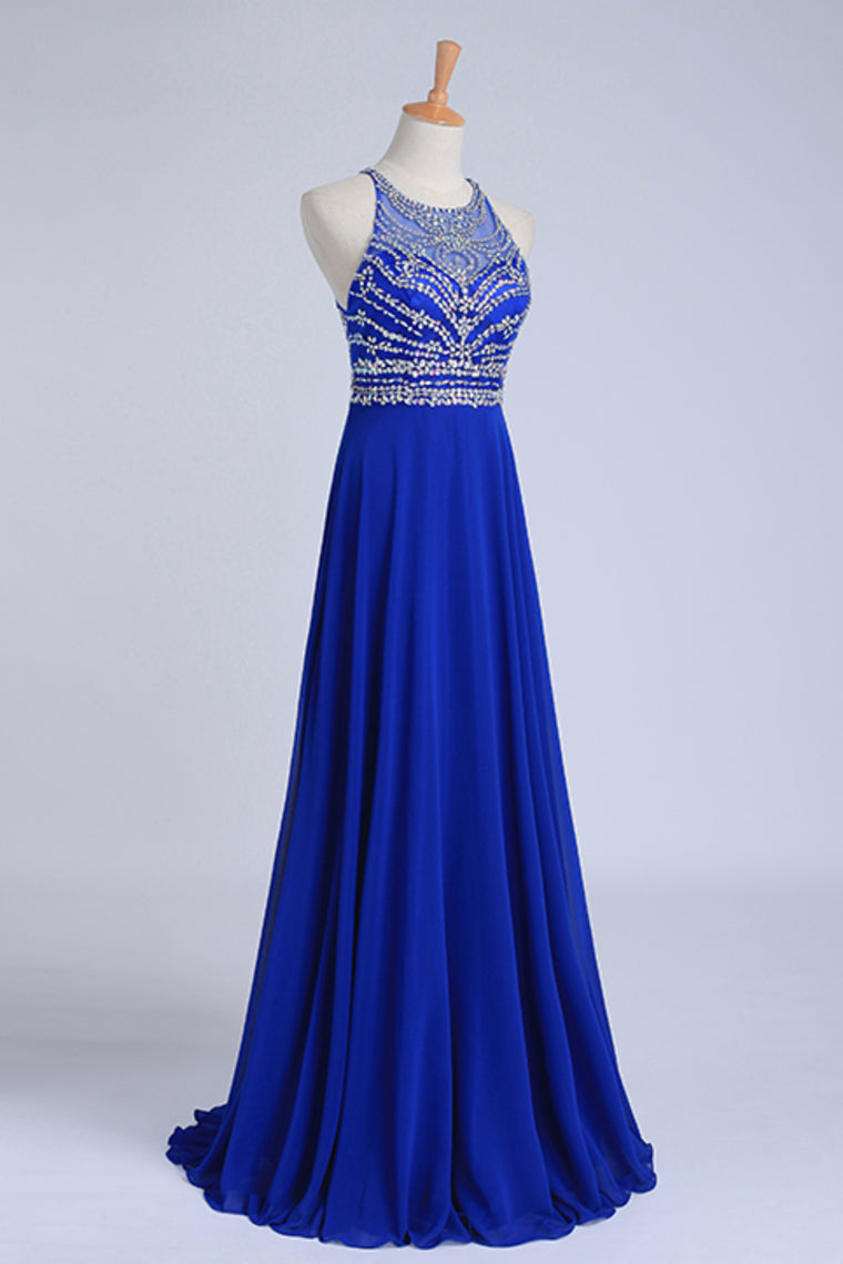 2024 Halter A-Line/Princess Dark Royal Blue Prom Dresses Tulle And Chiffon Sweep Train