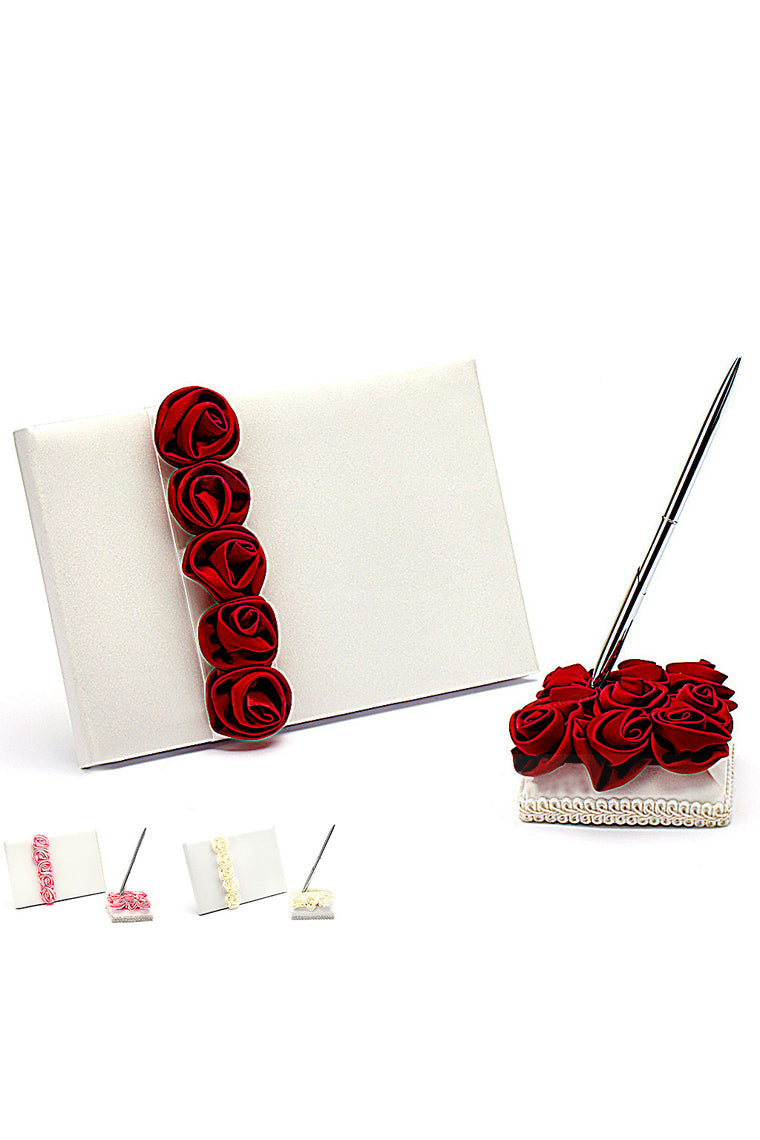 Bold Red Luxury Rose Lined Rose Guestbook & Pen Set