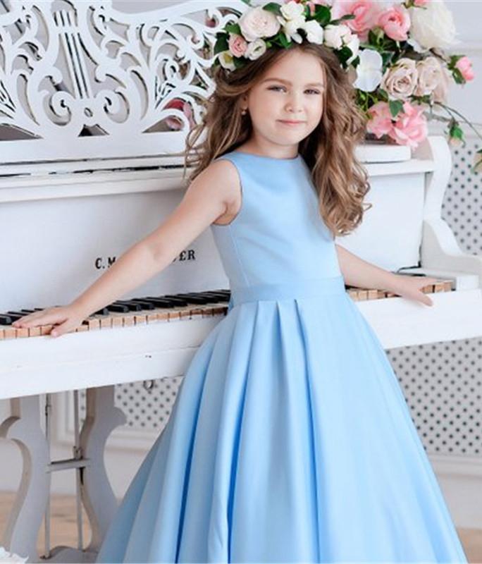 Princess A Line Sky Blue Satin Flower Girl Dresses with Bowknot, Baby Dresses STG15586