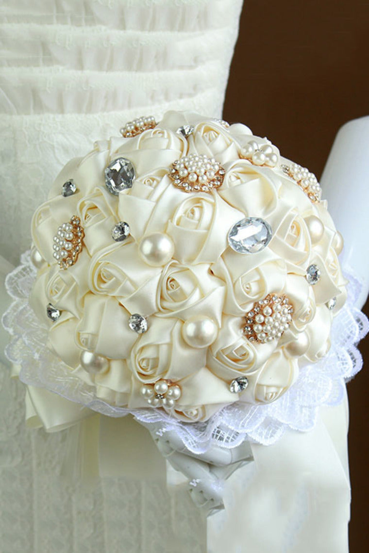 Luxury Rhinestone Pearl Satin Rose Flower Wedding Bouquet (27*18cm)