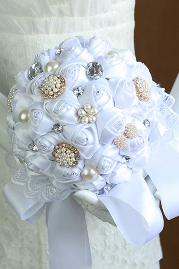 Luxury Rhinestone Pearl Satin Rose Flower Wedding Bouquet (27*18cm)