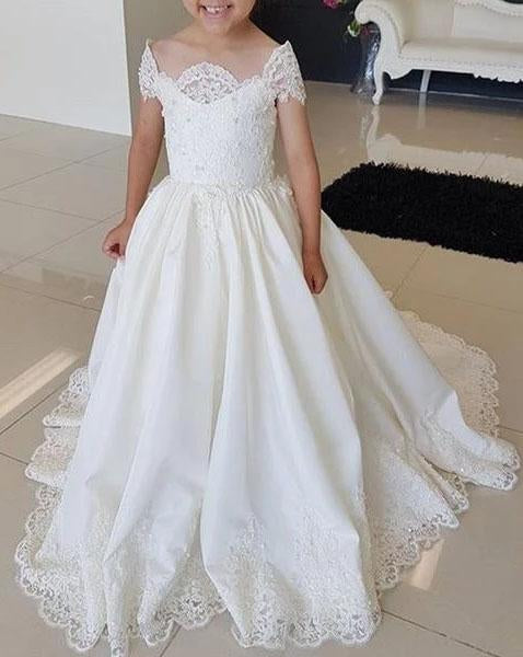 Lovely Cap Sleeves Appliques Ball Gown Little Flower Girl Dress, Off the Shoulder Baby Dress STG15257