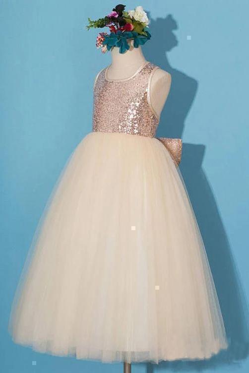 Princess Gold Sequin Shiny Round Neck Flower Girl Dresses with Bowknot, Baby Dresses STG15589