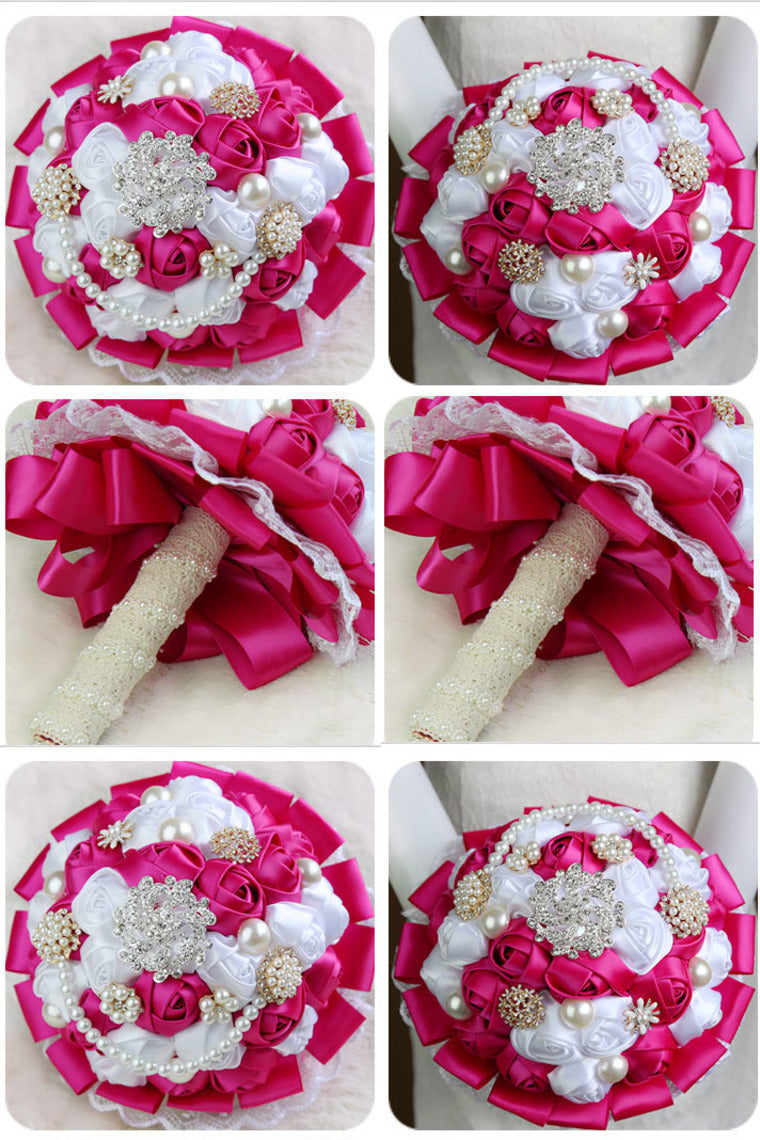 Elegant Ribbon Roses With Rhinestone Brooch Wedding Bouquet (27*18cm)