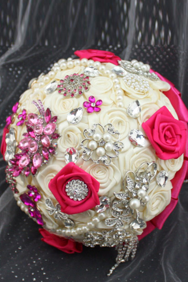 Round Shape Ribbon Roses With Rhinestone Brooch Wedding Bouquet (27*20cm)