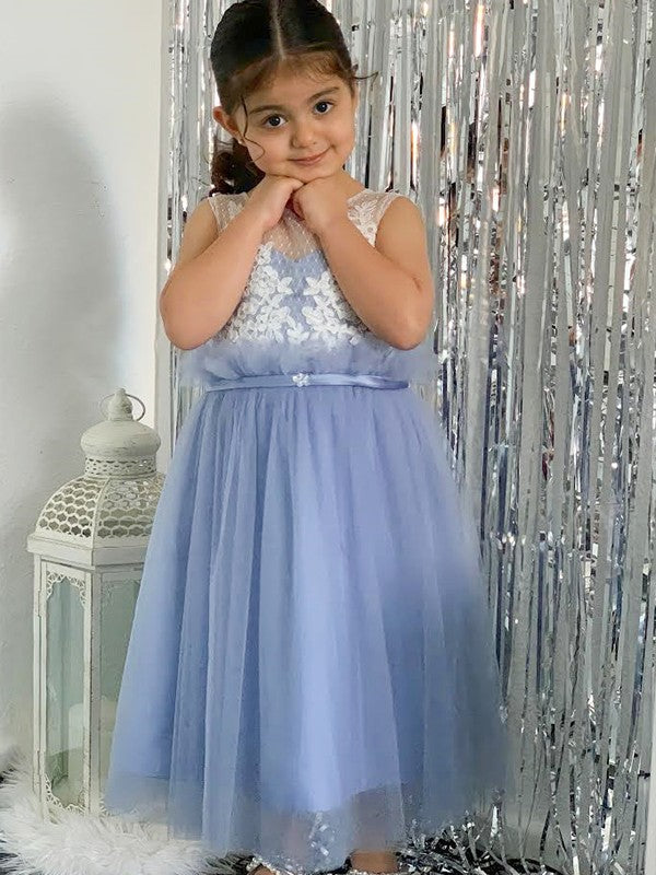 A-Line/Princess Tulle Lace Scoop Sleeveless Knee-Length Flower Girl Dresses TPP0007465