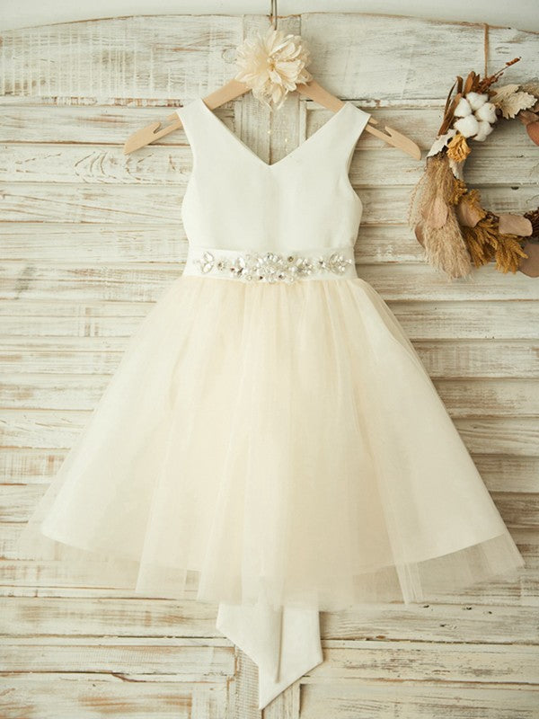 A-Line/Princess Knee-Length V-neck Bowknot Sleeveless Tulle Flower Girl Dresses TPP0007804